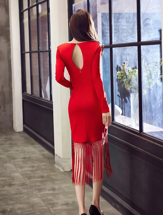 Autumn Dress – Slim Midi V-Neck Cotton Blend Dress with Tassels - www.Shopthatapp.com