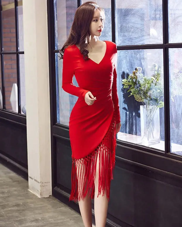 Autumn Dress – Slim Midi V-Neck Cotton Blend Dress with Tassels - www.Shopthatapp.com