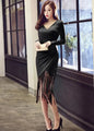 Autumn Dress – Slim Midi V-Neck Cotton Blend Dress with Tassels - www.Shopthatapp.com