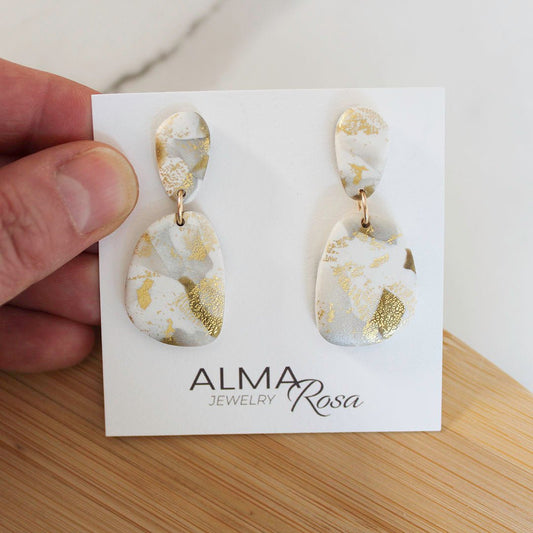 BLANCA Earrings.  White Polymer Clay Statement Earrings with gold leaf - www.Shopthatapp.com