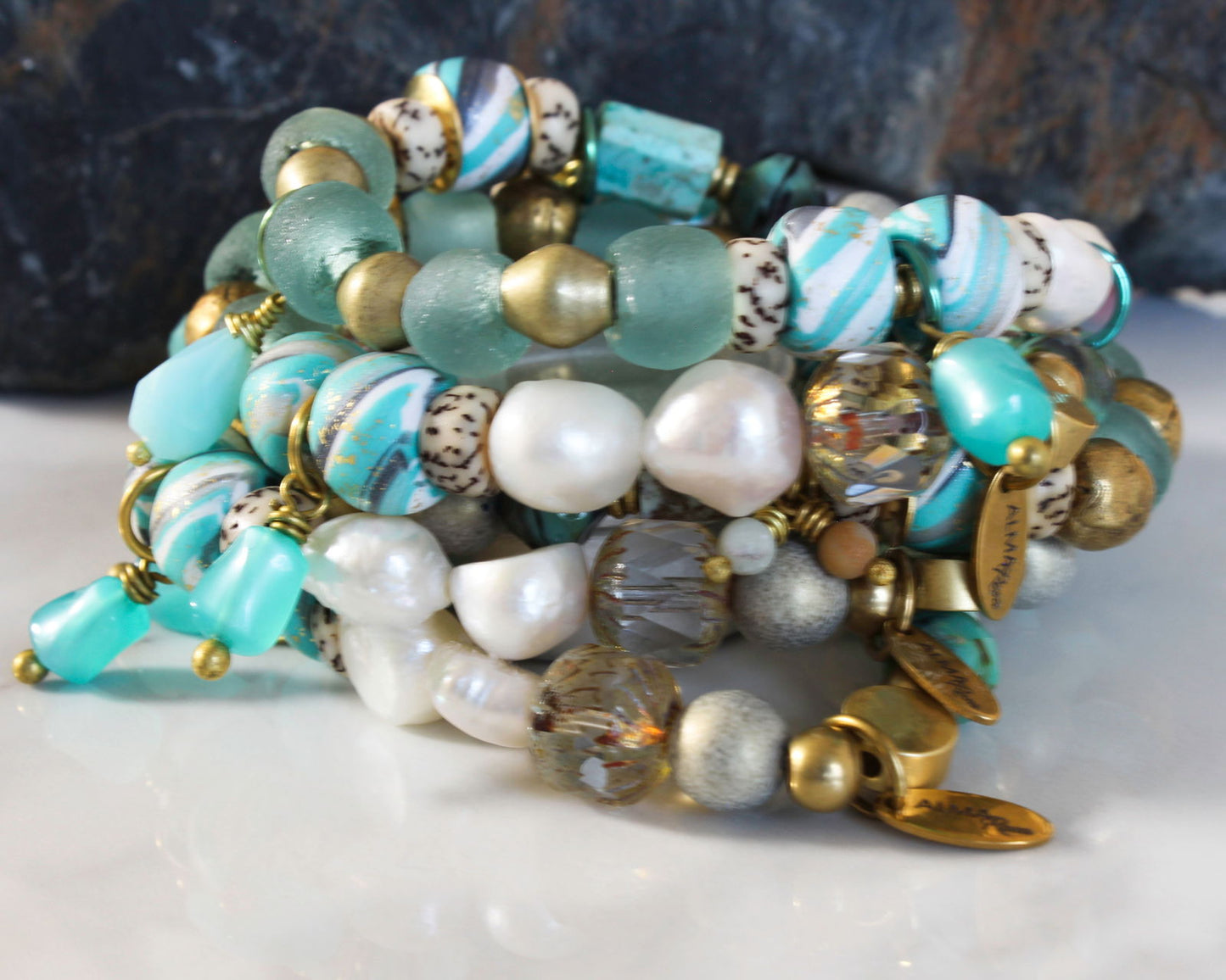 BOHO STRETCH BRACELET WITH RECYCLED GLASS BEADS - AQUA-Jewellery-www.Shopthatapp.com-Alma Rosa Jewelry
