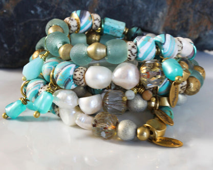 BOHO STRETCH BRACELET WITH RECYCLED GLASS BEADS - AQUA-Jewellery-www.Shopthatapp.com-Alma Rosa Jewelry