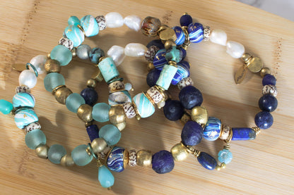 BOHO STRETCH BRACELET WITH RECYCLED GLASS BEADS - AQUA-Jewellery-www.Shopthatapp.com-Alma Rosa Jewelry