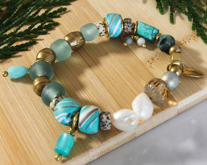 BOHO STRETCH BRACELET WITH RECYCLED GLASS BEADS - AQUA-Jewellery-www.Shopthatapp.com-Alma Rosa Jewelry