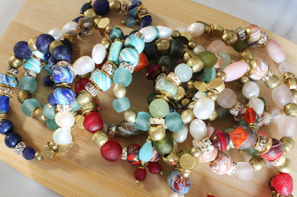 BOHO STRETCH BRACELET WITH RECYCLED GLASS BEADS - AQUA-Jewellery-www.Shopthatapp.com-Alma Rosa Jewelry