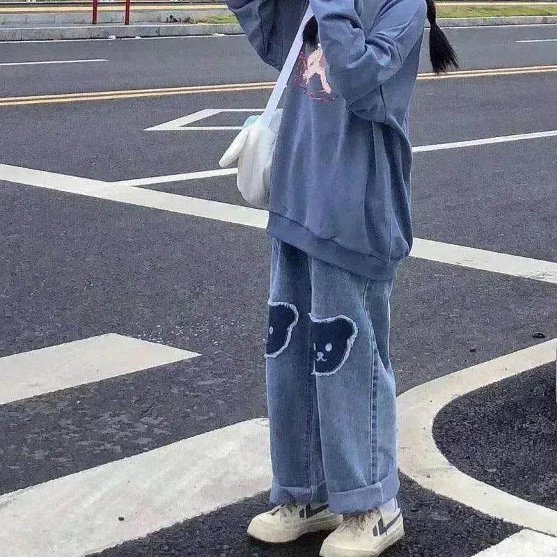 Bear Patchwork Jeans Women's New Loose Wide-leg Pants - www.Shopthatapp.com