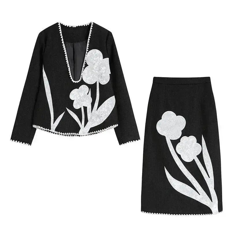 Black And White Splicing Velvet V-neck Overlapping Coat Color Contrast Skirt Suit - www.Shopthatapp.com