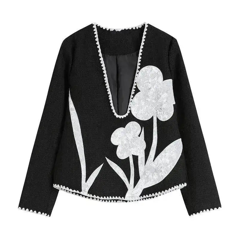 Black And White Splicing Velvet V-neck Overlapping Coat Color Contrast Skirt Suit - www.Shopthatapp.com