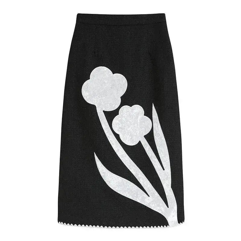 Black And White Splicing Velvet V-neck Overlapping Coat Color Contrast Skirt Suit - www.Shopthatapp.com