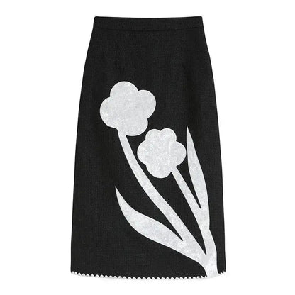 Black And White Splicing Velvet V-neck Overlapping Coat Color Contrast Skirt Suit - www.Shopthatapp.com