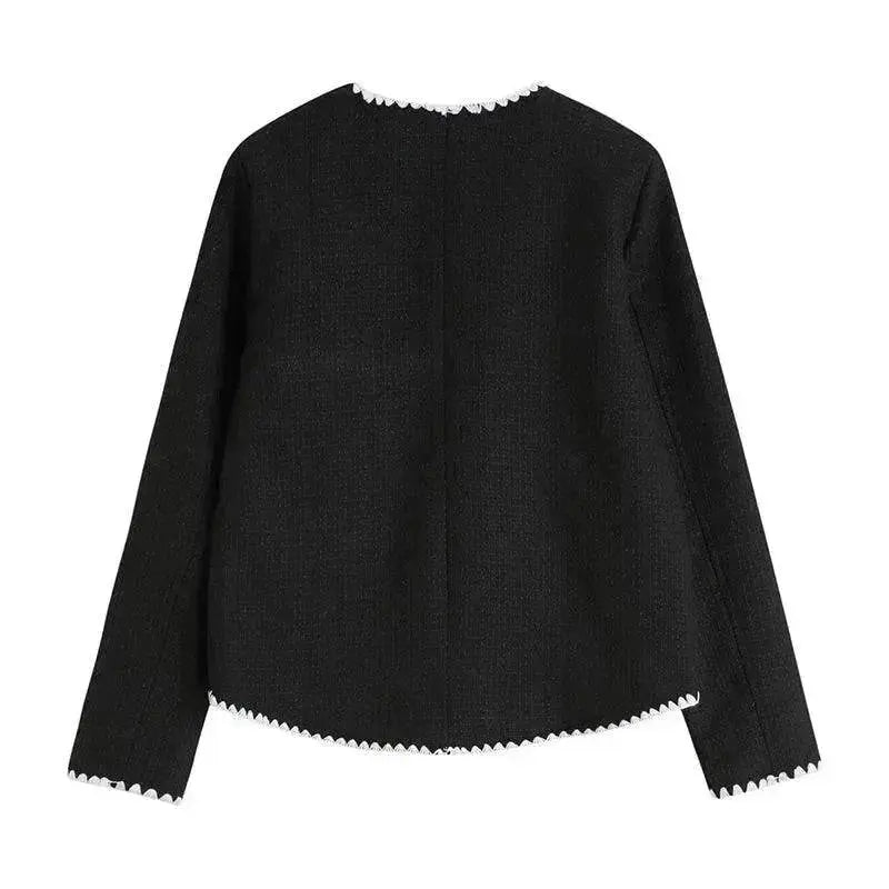 Black And White Splicing Velvet V-neck Overlapping Coat Color Contrast Skirt Suit - www.Shopthatapp.com