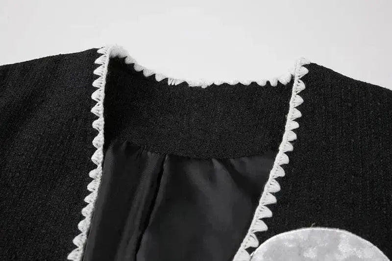 Black And White Splicing Velvet V-neck Overlapping Coat Color Contrast Skirt Suit - www.Shopthatapp.com