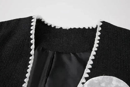 Black And White Splicing Velvet V-neck Overlapping Coat Color Contrast Skirt Suit - www.Shopthatapp.com