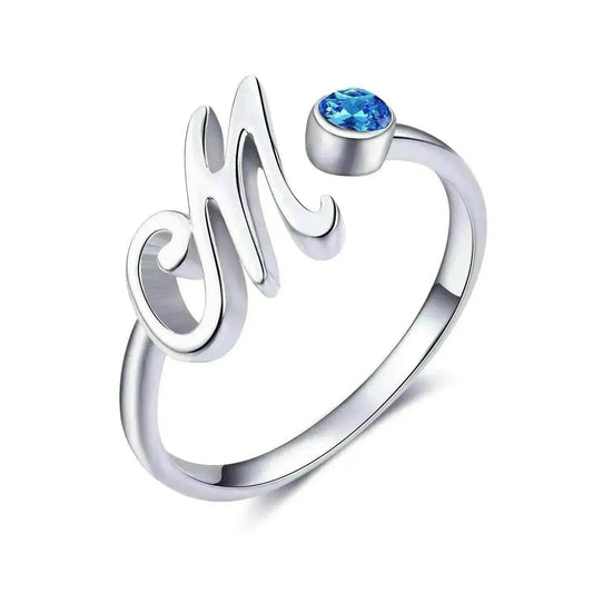 Blue Crystal Letter M Initial Alphabet Ring in 925 Sterling Silver - www.Shopthatapp.com