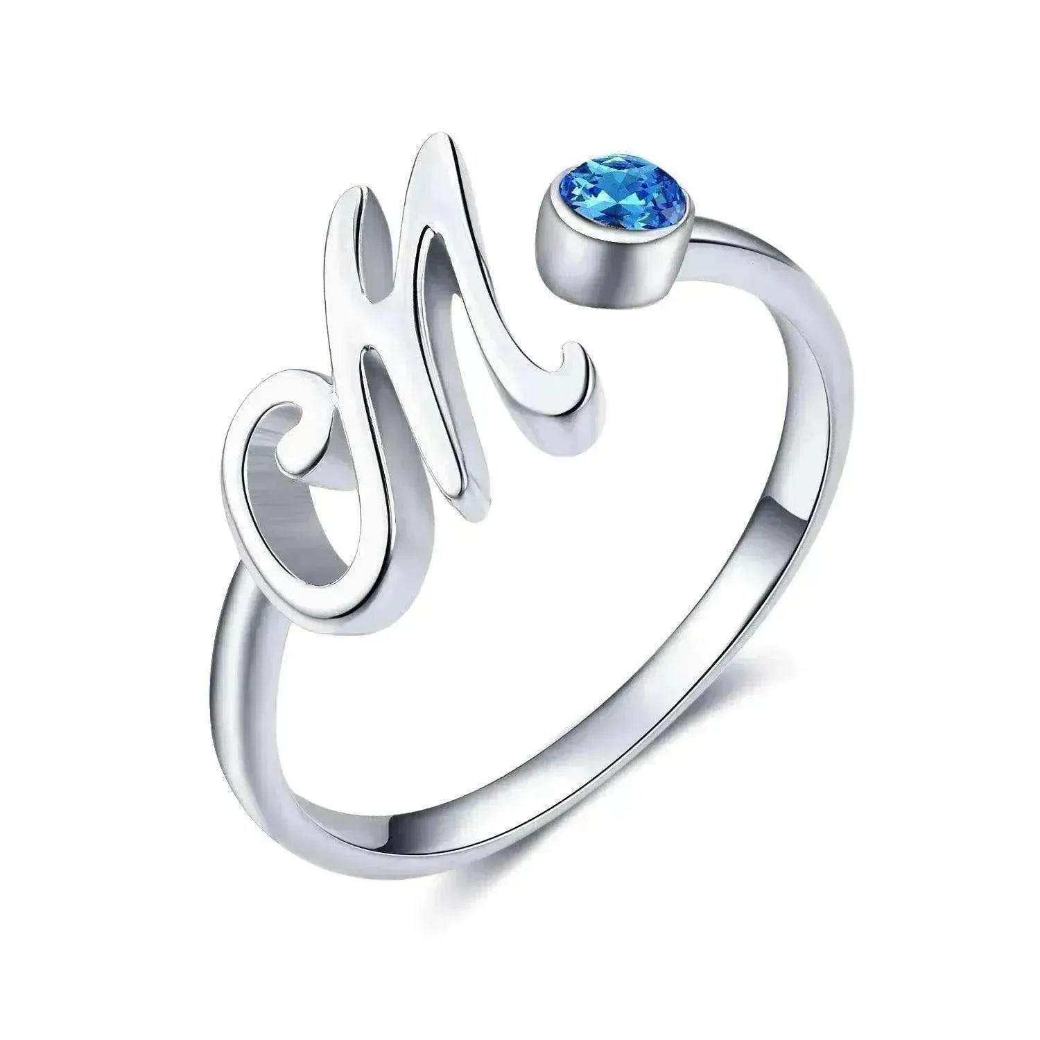 Blue Crystal Letter M Initial Alphabet Ring in 925 Sterling Silver - www.Shopthatapp.com