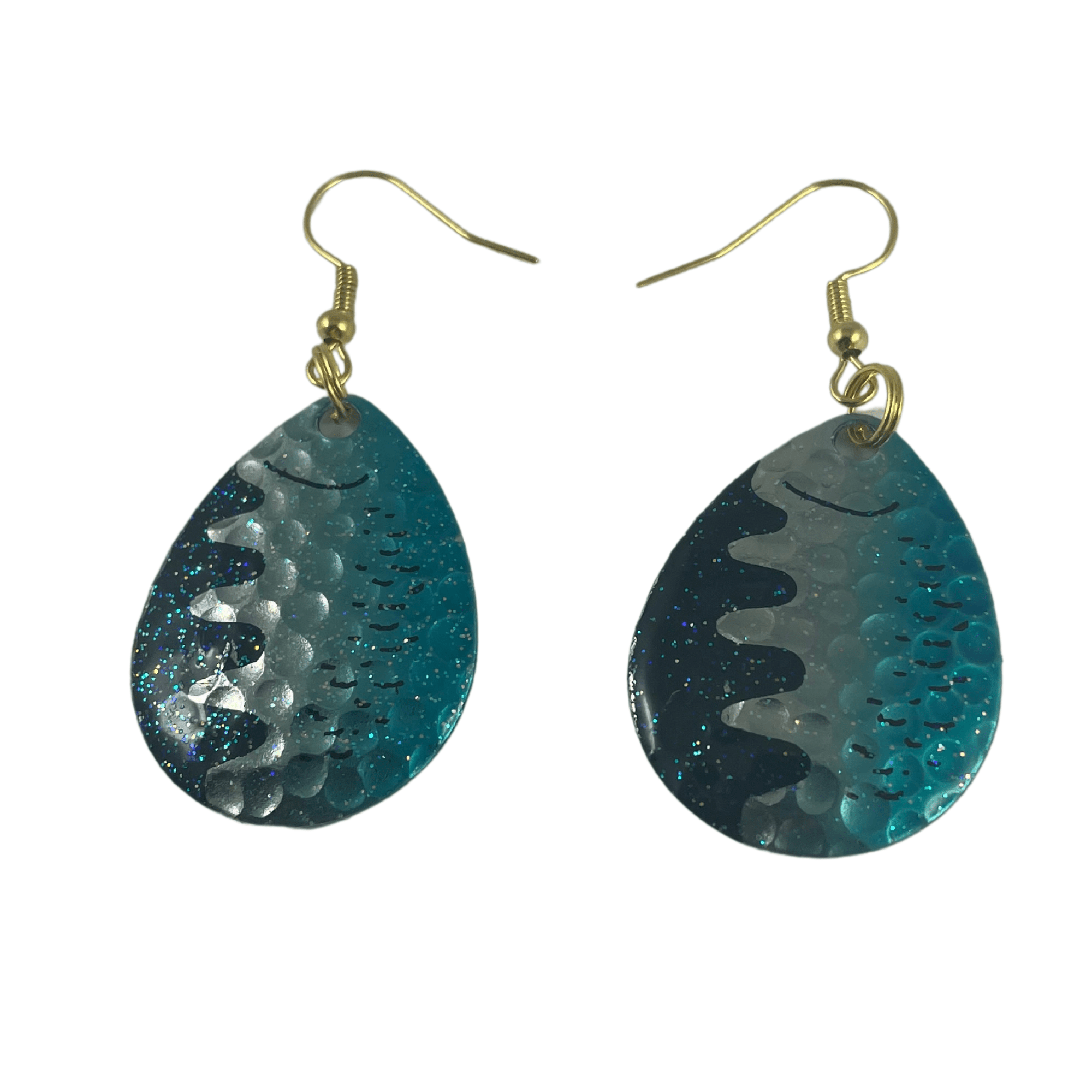 Colorado Crystal Blue Hammered Nickel Perch Spinner Blade Earrings - www.Shopthatapp.com