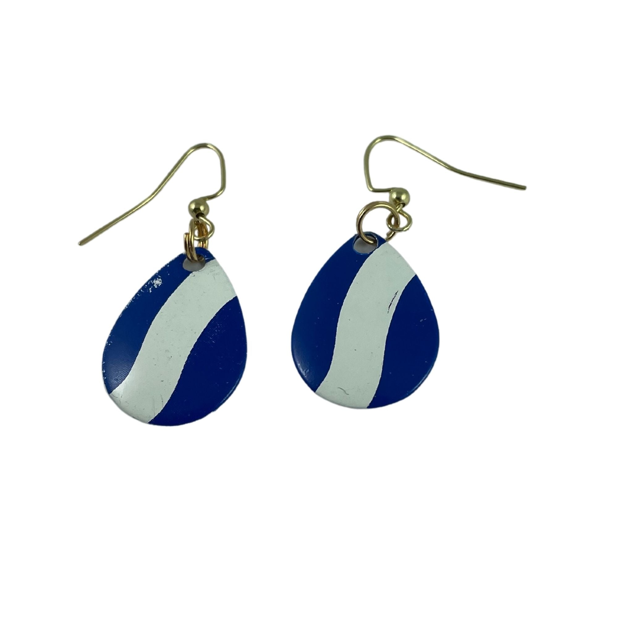 Colorado Deep Cup Blue White Striped Spinner Blade Earrings - www.Shopthatapp.com