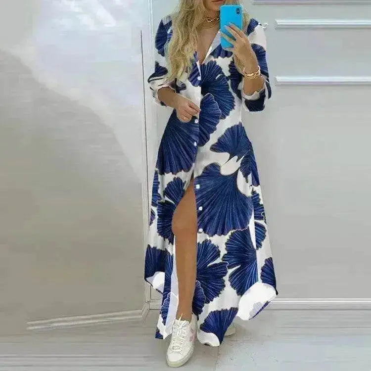Button Fashion Print Long Sleeve Shirt Charming Dress Women - www.Shopthatapp.com