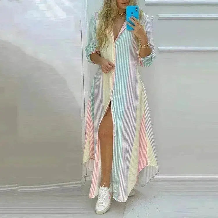 Button Fashion Print Long Sleeve Shirt Charming Dress Women - www.Shopthatapp.com