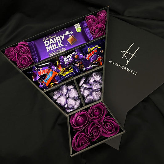 Cadbury Heroes Signature Chocolate Bouquet With Purple Roses-Food and beverage-www.Shopthatapp.com-HamperWell