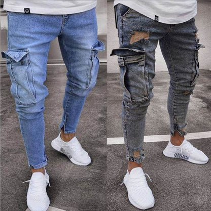 Cargo Hole Denim Jeans Men pant slim fitted - www.Shopthatapp.com #