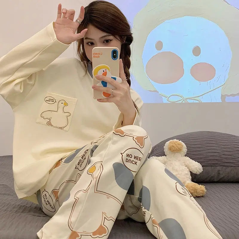 Cartoon Loose And Cute Long-sleeved Pajamas For Women Spring Autumn Set Casual Homewear Outerwear - www.Shopthatapp.com