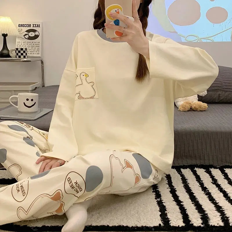 Cartoon Loose And Cute Long-sleeved Pajamas For Women Spring Autumn Set Casual Homewear Outerwear - www.Shopthatapp.com