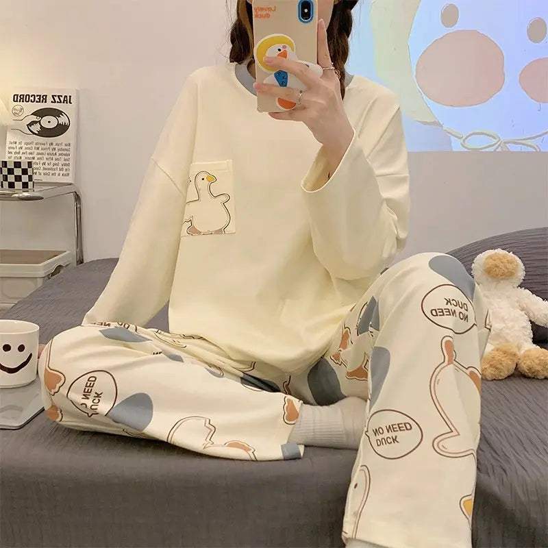 Cartoon Loose And Cute Long-sleeved Pajamas For Women Spring Autumn Set Casual Homewear Outerwear - www.Shopthatapp.com
