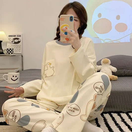 Cartoon Loose And Cute Long-sleeved Pajamas For Women Spring Autumn Set Casual Homewear Outerwear - www.Shopthatapp.com #