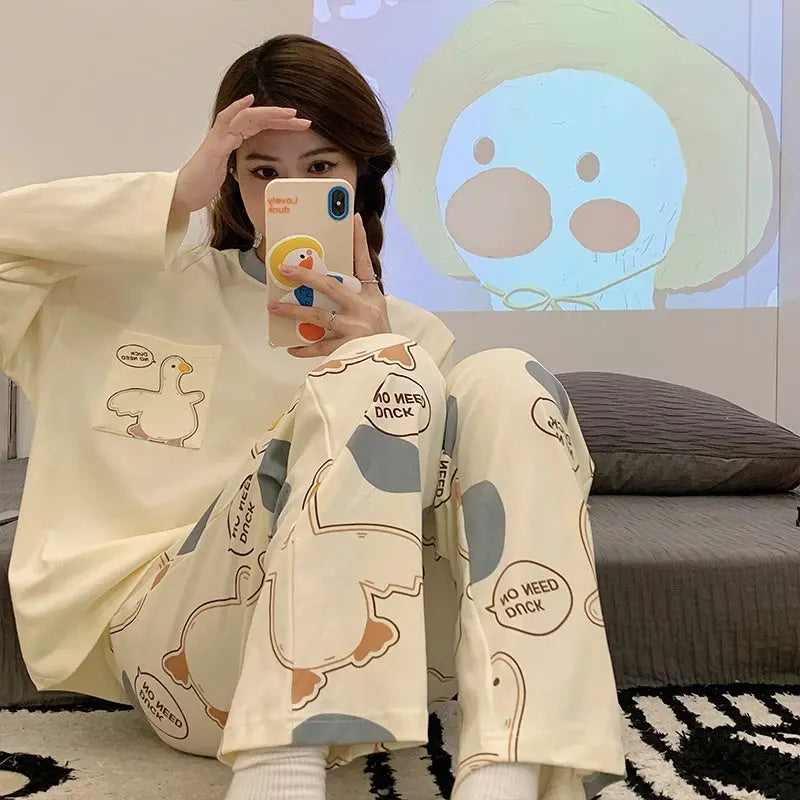 Cartoon Loose And Cute Long-sleeved Pajamas For Women Spring Autumn Set Casual Homewear Outerwear - www.Shopthatapp.com #
