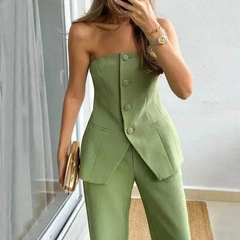 Casual Fashion Tailored Suit Button Graceful Tube Top Suit Pants - www.Shopthatapp.com