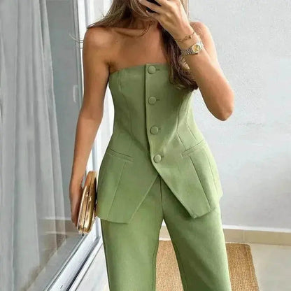 Casual Fashion Tailored Suit Button Graceful Tube Top Suit Pants - www.Shopthatapp.com