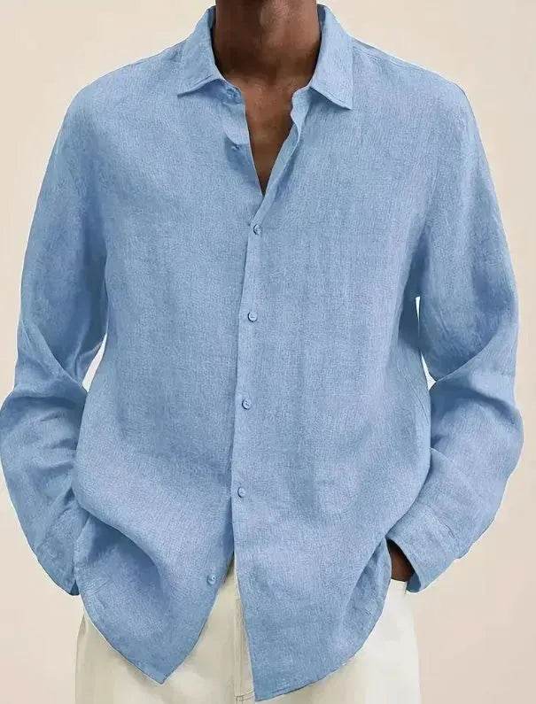 Casual Light Blue Plain Button down Long sleeve Cotton Linen Men shirt - www.Shopthatapp.com #