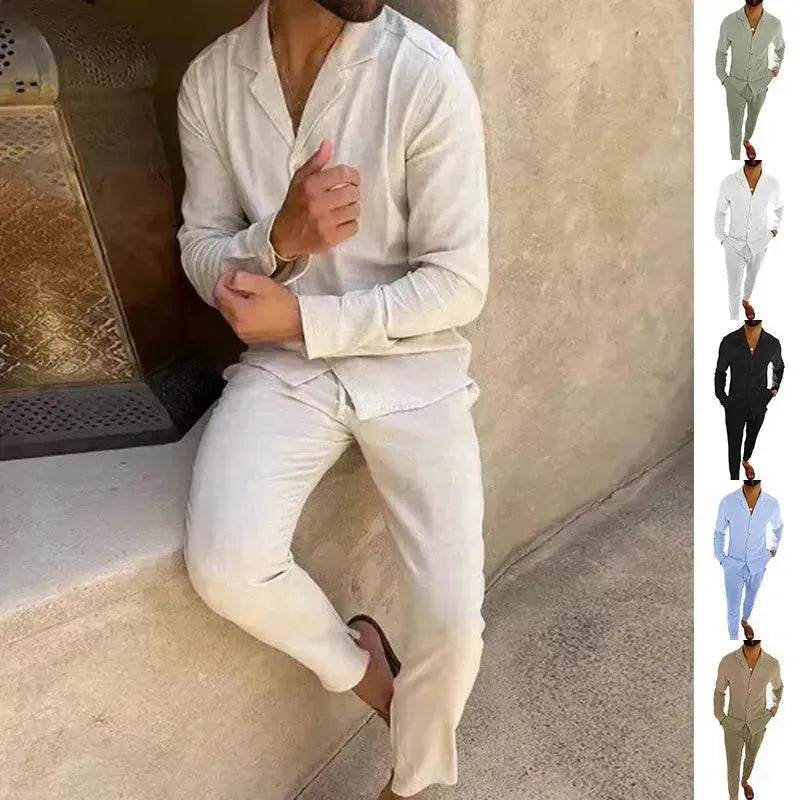 Casual Long-sleeved Suits Fashion Lapel Single-breasted Shirt Top And Slim-fit Trousers Men Clothing Two piece suit for Men - www.Shopthatapp.com #