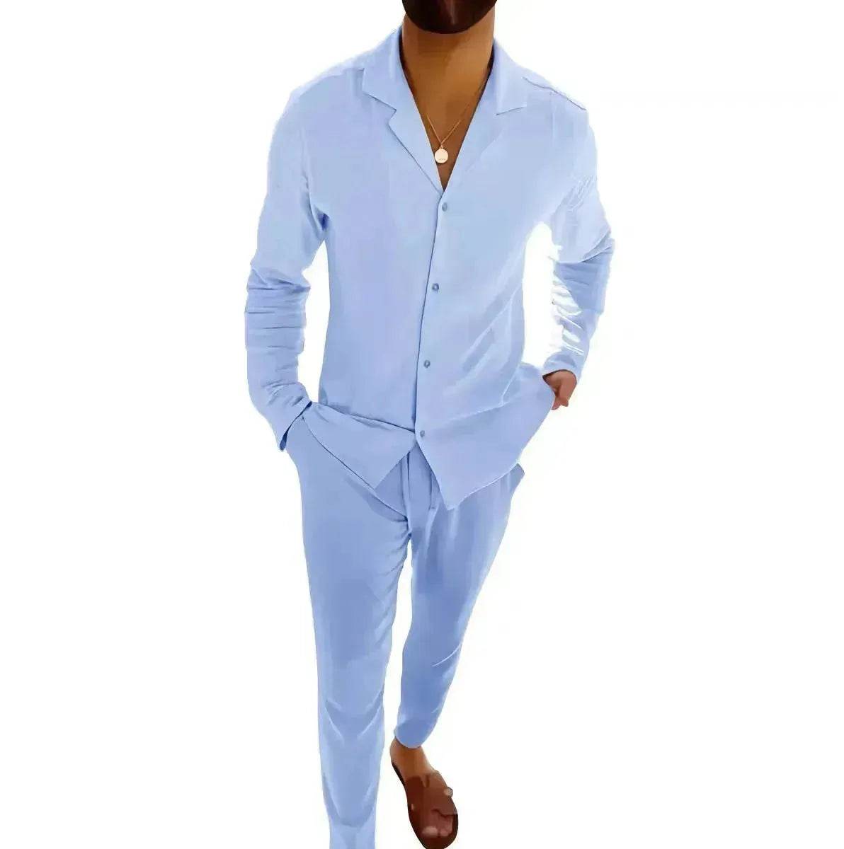 Casual Long-sleeved Suits Fashion Lapel Single-breasted Shirt Top And Slim-fit Trousers Men Clothing Two piece suit for Men - www.Shopthatapp.com #