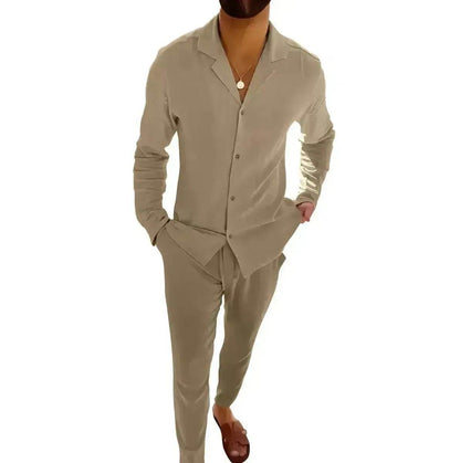 Casual Long-sleeved Suits Fashion Lapel Single-breasted Shirt Top And Slim-fit Trousers Men Clothing Two piece suit for Men - www.Shopthatapp.com #