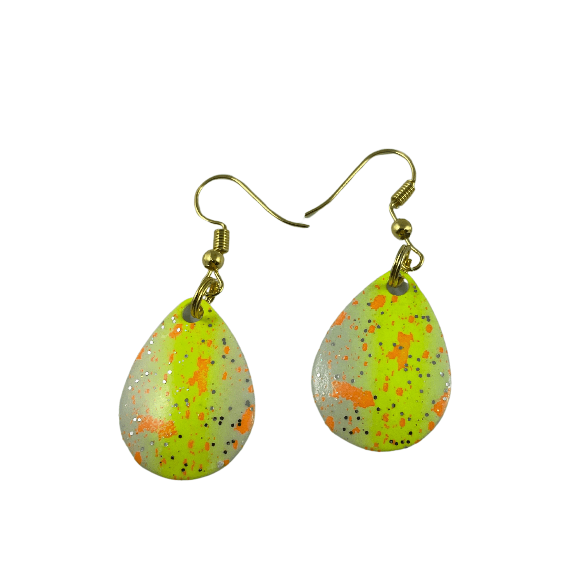 Colorado Chartreuse Orange Spackle Spinner Blade Earrings - www.Shopthatapp.com