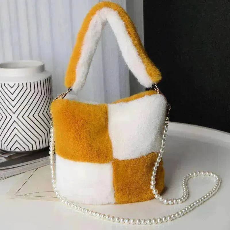 Checkerboard Plush Bucket Bag With Pearl Chain - www.Shopthatapp.com