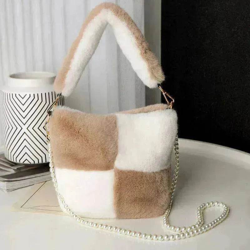 Checkerboard Plush Bucket Bag With Pearl Chain - www.Shopthatapp.com