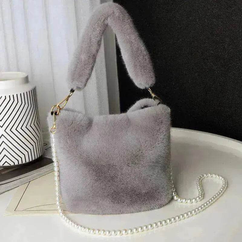 Checkerboard Plush Bucket Bag With Pearl Chain - www.Shopthatapp.com