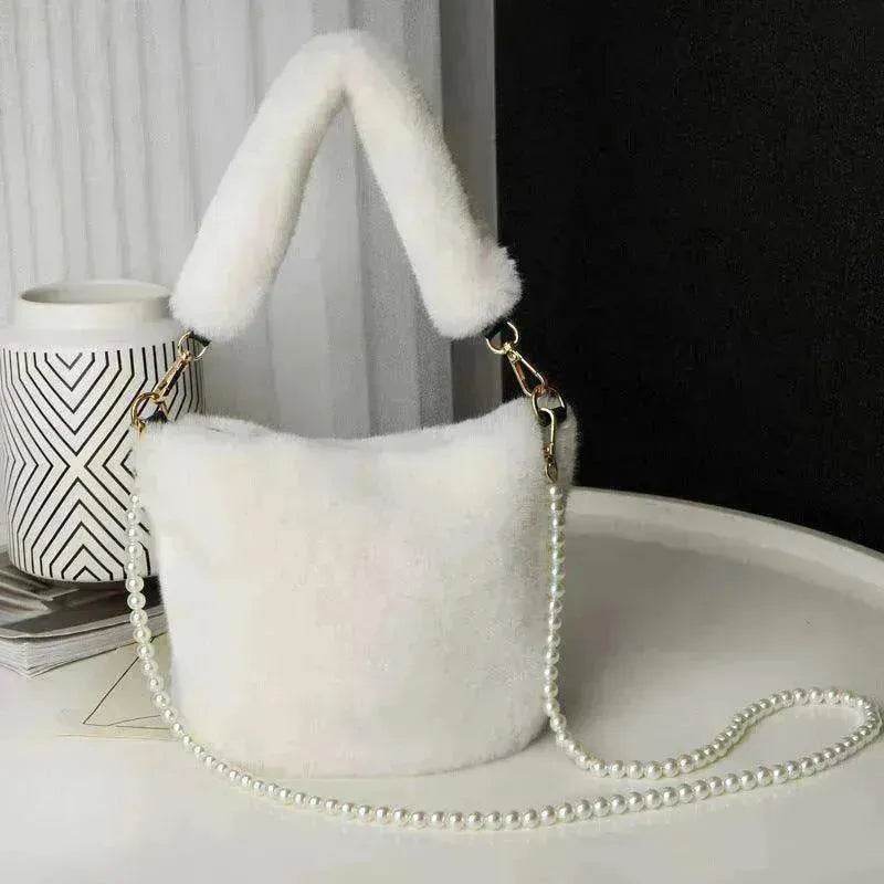 Checkerboard Plush Bucket Bag With Pearl Chain - www.Shopthatapp.com