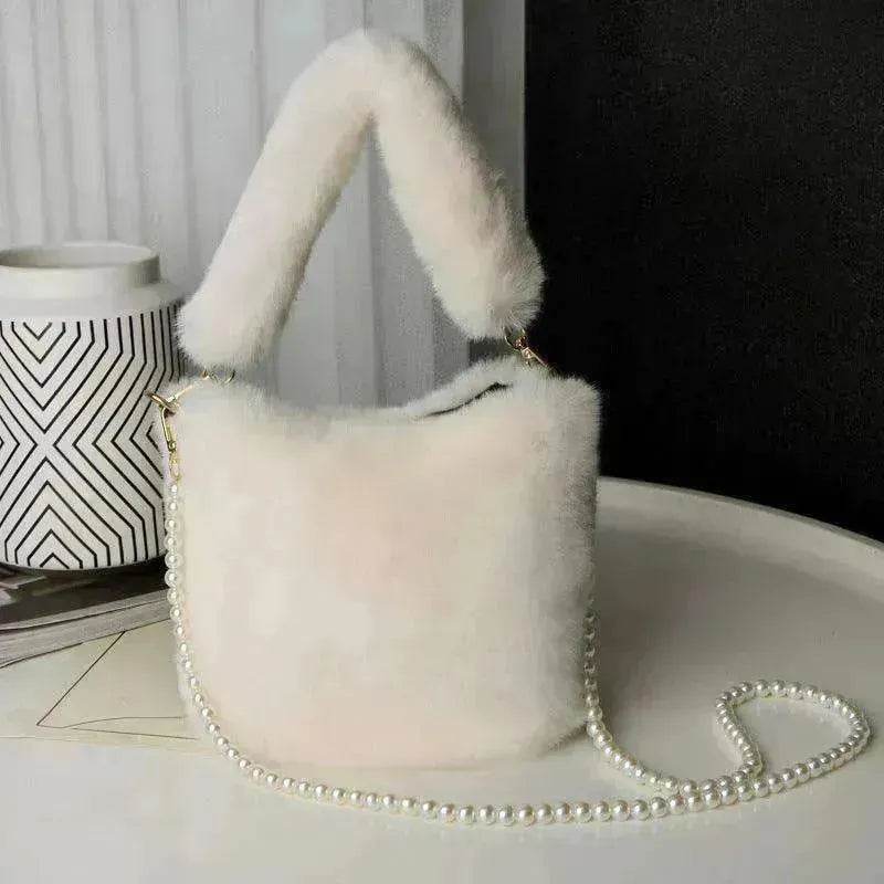 Checkerboard Plush Bucket Bag With Pearl Chain - www.Shopthatapp.com