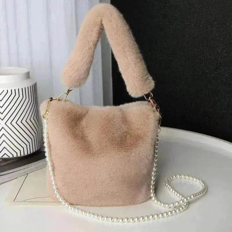 Checkerboard Plush Bucket Bag With Pearl Chain - www.Shopthatapp.com