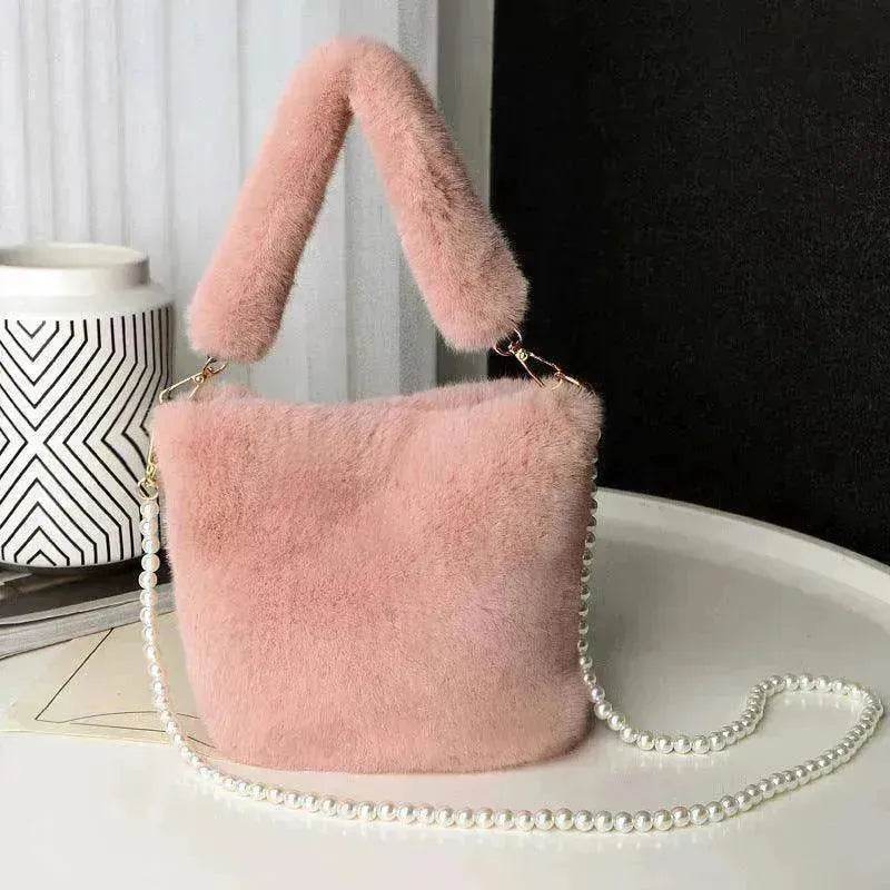 Checkerboard Plush Bucket Bag With Pearl Chain - www.Shopthatapp.com