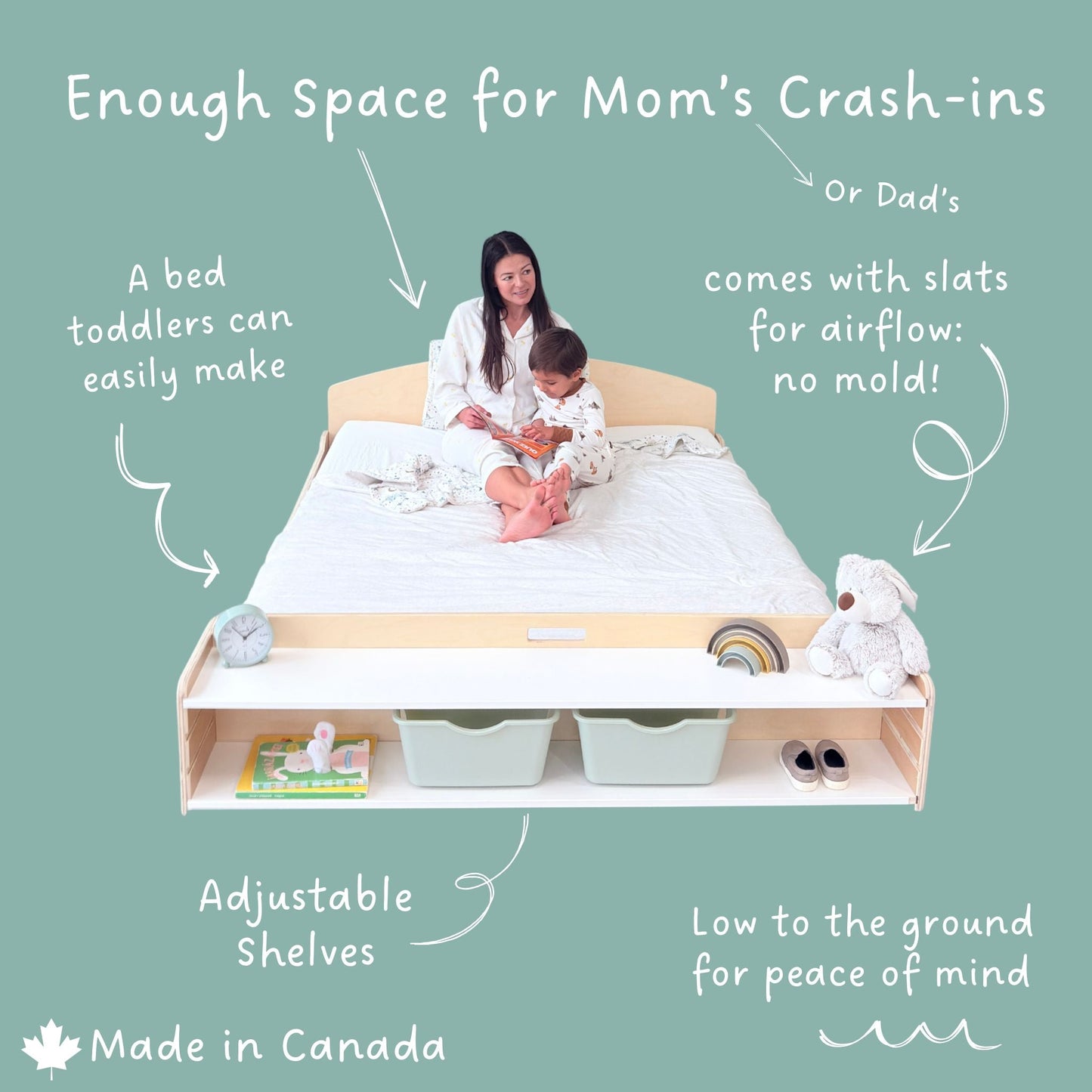 CHERRY FULL - Montessori Floor Bed with Shelves - www.Shopthatapp.com