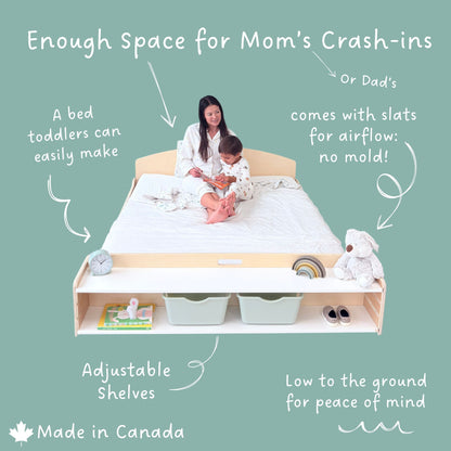 CHERRY FULL - Montessori Floor Bed with Shelves - www.Shopthatapp.com