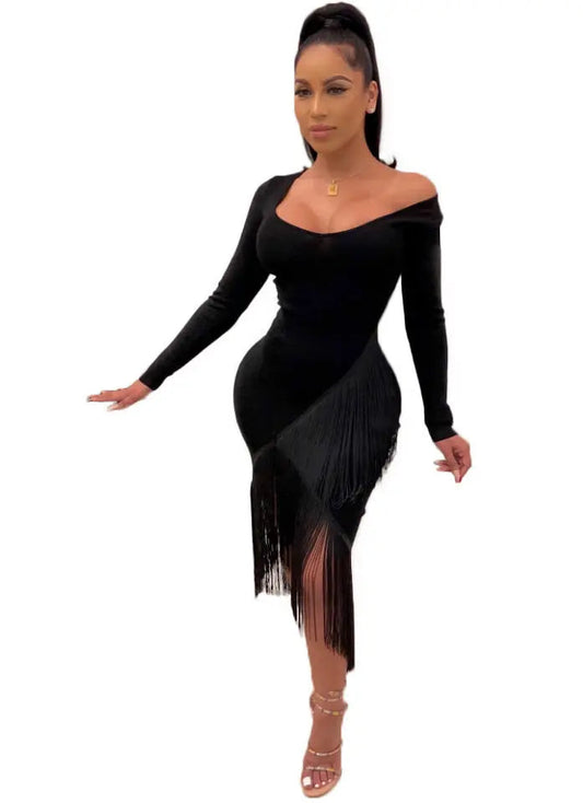 Chic Long Sleeve Tassel Fringed Bodycon Dress - www.Shopthatapp.com