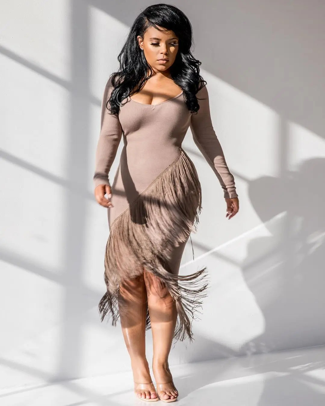 Chic Long Sleeve Tassel Fringed Bodycon Dress - www.Shopthatapp.com