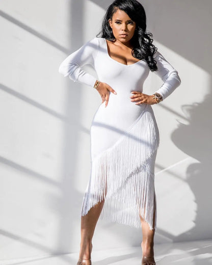 Chic Long Sleeve Tassel Fringed Bodycon Dress - www.Shopthatapp.com