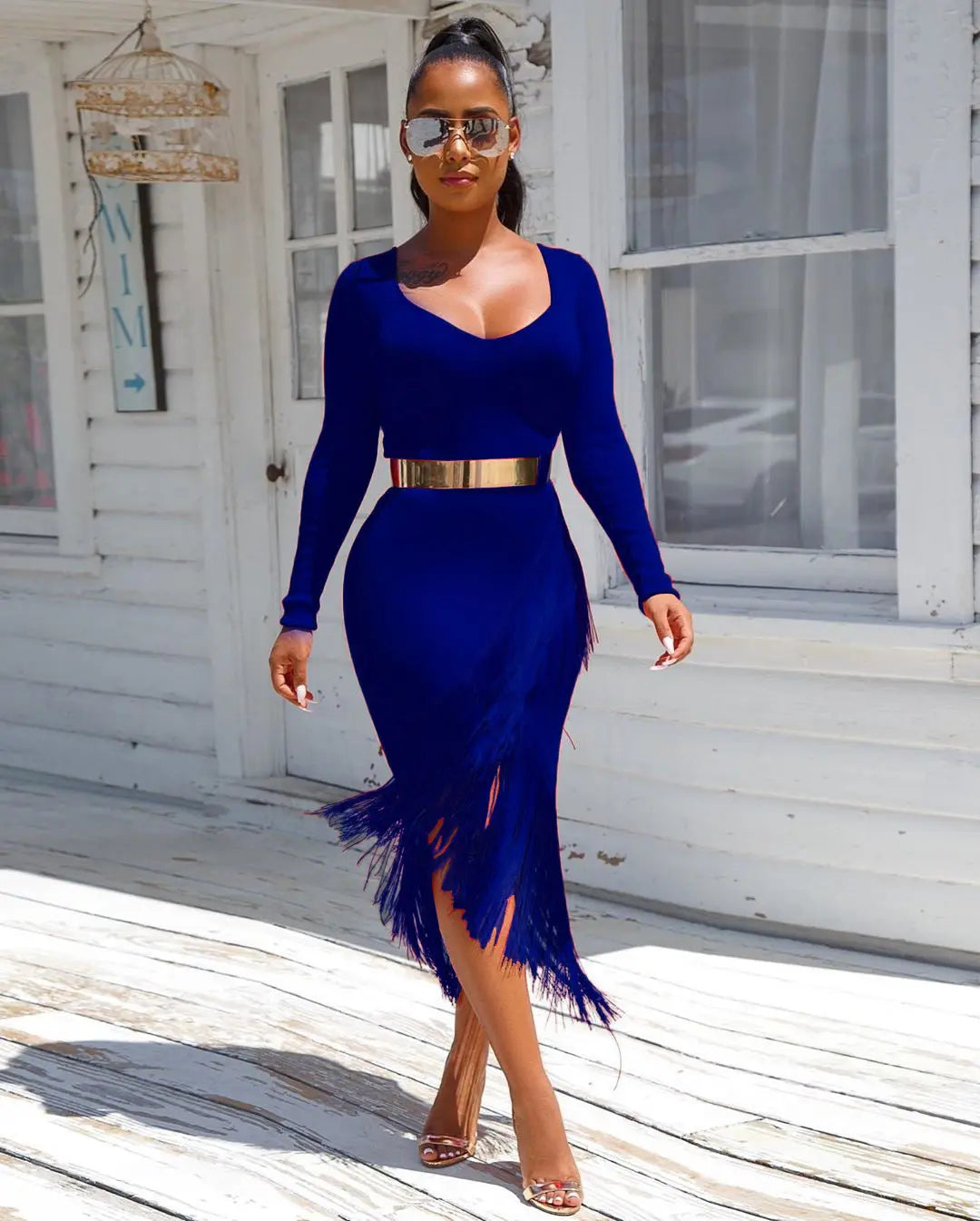 Chic Long Sleeve Tassel Fringed Bodycon Dress - www.Shopthatapp.com